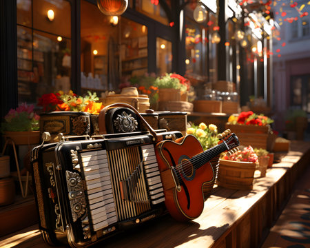 Musical instruments - accordion and ukulele in a cafe. 3D renderingの素材