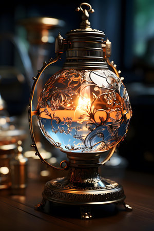 Vintage kerosene lamp on table in room, closeupの素材