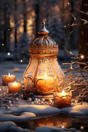 Lantern with burning candles in the winter forest. 3d renderingの素材