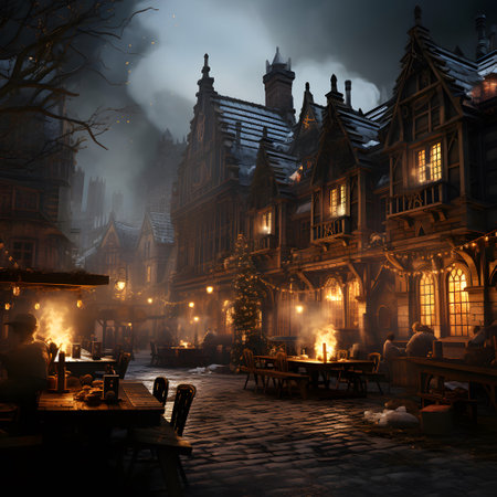 Night view of old european street with old buildings and lanternsの素材