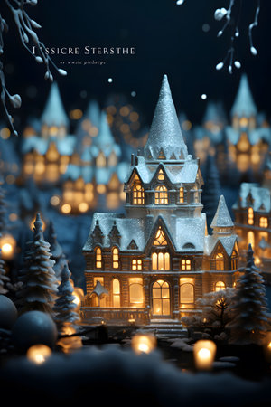 Christmas and New Year background with Christmas tree and houses. Festive decoration.の素材