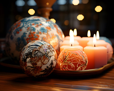Christmas ornaments and candles on wooden table with bokeh backgroundの素材