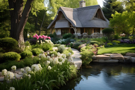 Beautiful flower garden with a wooden house and a pond in the backgroundの素材