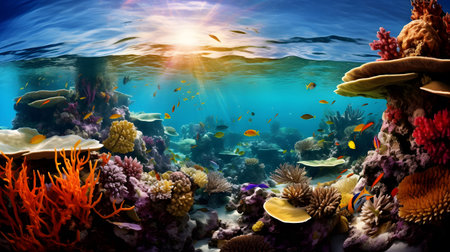 Beautiful underwater world with corals and tropical fish. 3d renderingの素材