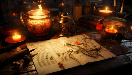 Old magic book and burning candles on dark background. Halloween concept.の素材