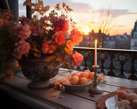 Easter table setting at sunset. Candles, flowers and eggs.の素材