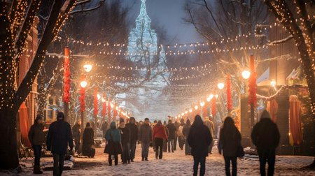 Unidentified people walk on Red Square in Moscow at night.の素材