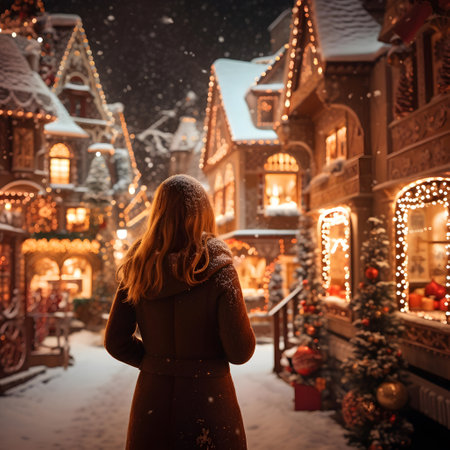 A girl in a brown coat stands against the background of a Christmas town.の素材