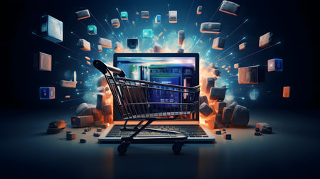 Shopping cart with computer screen on abstract background. 3d renderingの素材