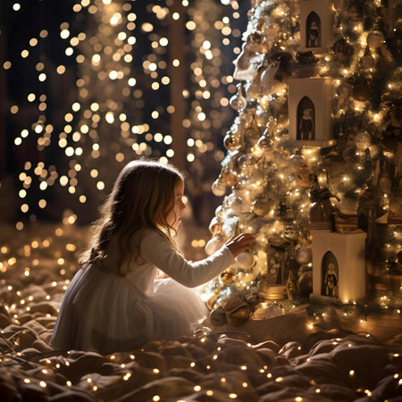 Little girl decorating Christmas tree with garland and lights.の素材