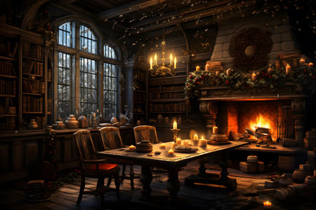 Magic room with fireplace and Christmas tree. 3D rendering.の素材