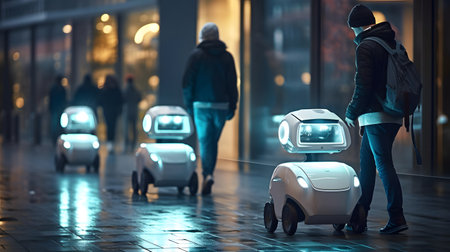 Rear view of man walking with electric scooter in city at nightの素材