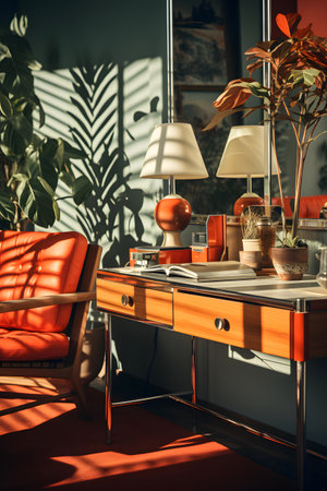 Interior of modern living room with orange armchair, books and plantsの素材