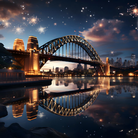 Sydney Harbor Bridge at night with reflection in water, Australiaの素材