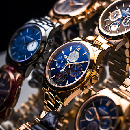 Wrist watches closeup. Luxury wristwatch on black background.の素材