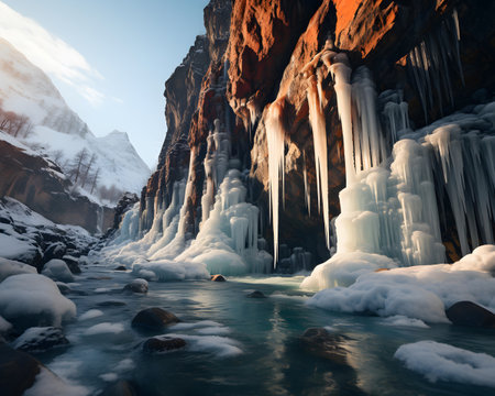 Frozen waterfall in the mountains. Winter landscape with ice and snowの素材