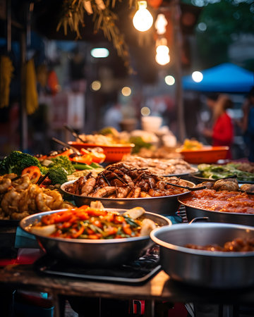 Traditional Thai street food at night market in Bangkok, Thailand.の素材