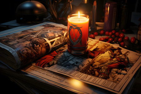 Candles and old books. Halloween concept. 3D rendering.の素材