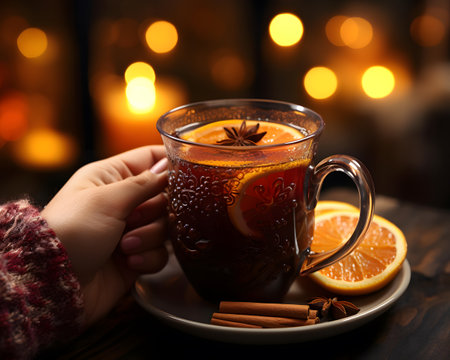 Female hands holding a cup of hot mulled wine with spices on a wooden tableの素材