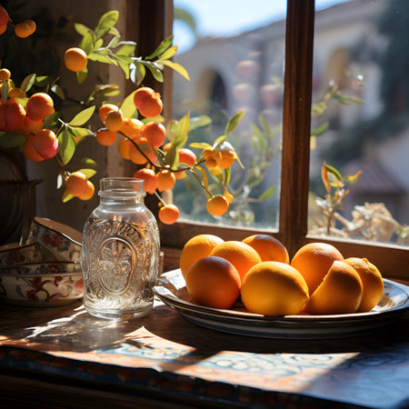 Still life with tangerines and a jug of water on the windowsillの素材