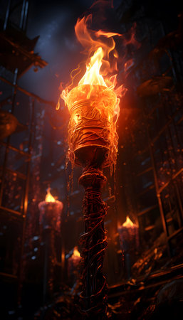 Burning torch on a dark background. The concept of fire and dangerの素材