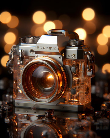 Vintage SLR camera on bokeh background, close upの素材