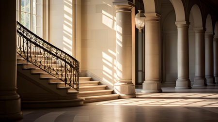Interior of a classic building with columns and stairway in sunlightの素材