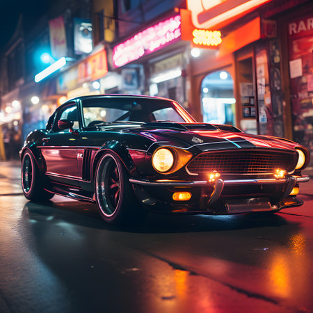Classic car in the city at night. Retro car on the road.の素材