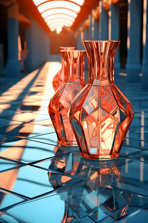 3d render of glass vases in the interior of a buildingの素材