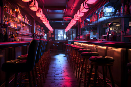 Interior of a night club with neon lights and bar counter.の素材