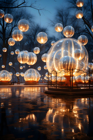 Lights in the city park at night, Moscow, Russia.の素材