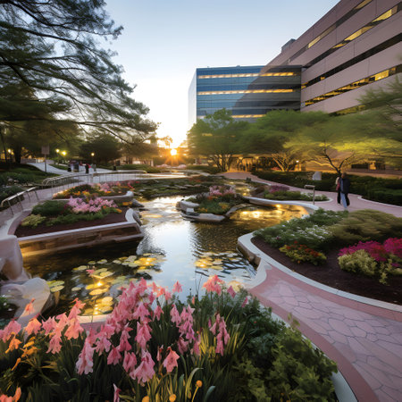 Landscape view of city park in the evening at sunset time.の素材