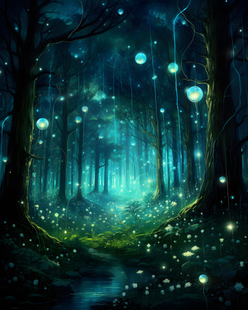Fantasy dark forest with lights and trees, 3d digitally rendered illustrationの素材