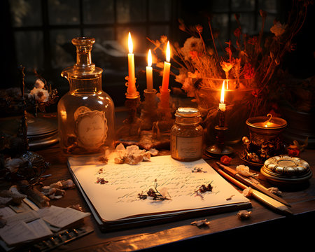Magic potion. Ancient magic book with alchemy recipes and mystic spells and enchantments. Halloween concept.の素材