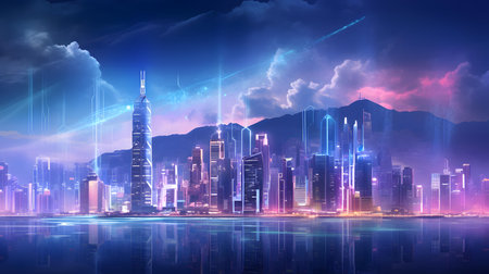 Futuristic cityscape with neon lights and skyscrapers.の素材