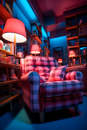 Sofa in a living room with bookshelf and lampsの素材