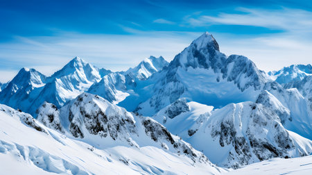 Mountain landscape with snow covered peaks. Caucasus Mountains, Georgia, Gudauri region.の素材