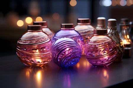 Beautiful perfume bottles on table in night club, close-upの素材