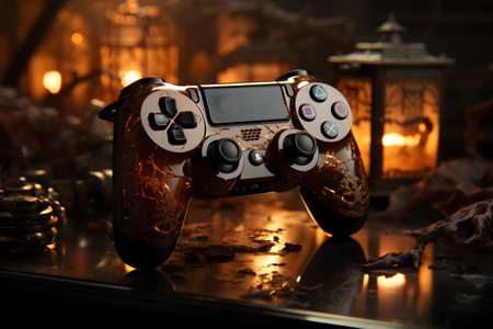 Retro video game controller on table. Halloween concept. Selective focusの素材