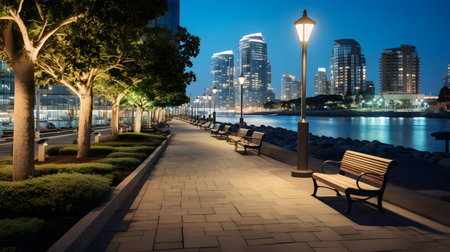 Lanterns along the waterfront at night in Chicago, Illinois.の素材