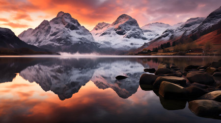 Mountain lake with reflection of snow-capped peaks at sunsetの素材