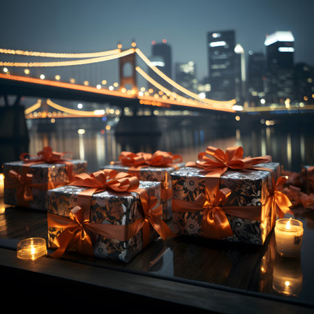 Gift boxes with orange ribbons and lit candles on the background of the night cityの素材