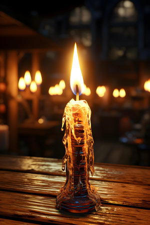 Burning candle in a glass candlestick on a wooden tableの素材