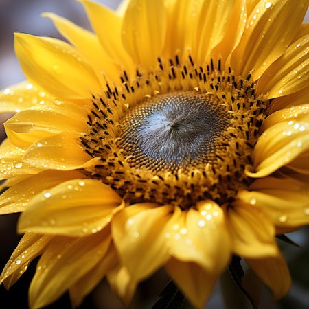 Close up of yellow sunflower with water droplets on petalsの素材