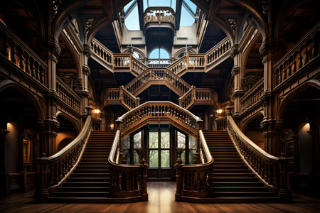 Interior view of an old mansion with a wooden staircase. 3d renderingの素材