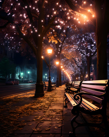 Bench in the park at night with lanterns, Moscow, Russiaの素材