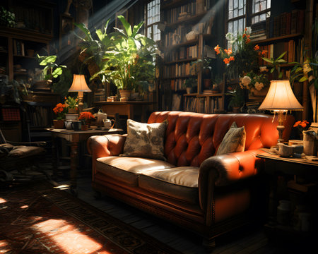 Luxury living room interior with antique furniture, bookshelf, coffee table, sofa and plants. 3d renderingの素材