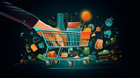 Hand of businessman pushing shopping cart with food icons on dark background. 3D renderingの素材
