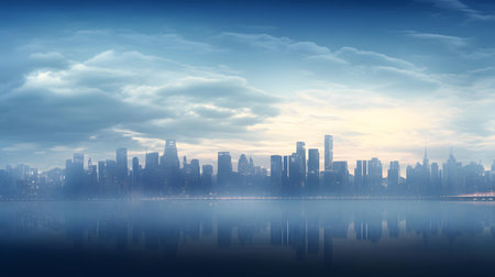 Skyline of the city on a foggy day, 3d renderの素材