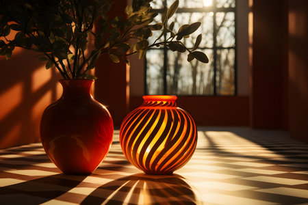 Orange vase on the floor in the room with a beautiful window.の素材